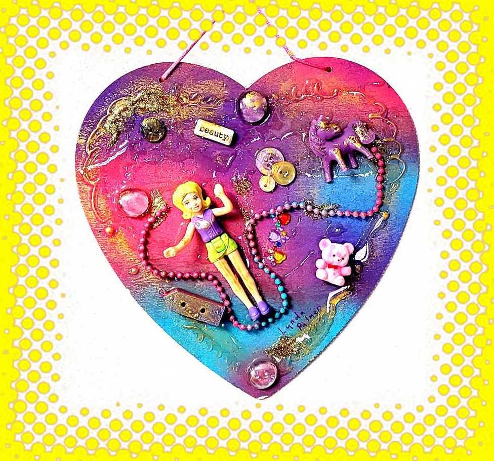 Pink & Blue Child's Art Work for Bedroom, Nursery, Playroom Wall Hanging, Wood Heart with Doll and Unicorn