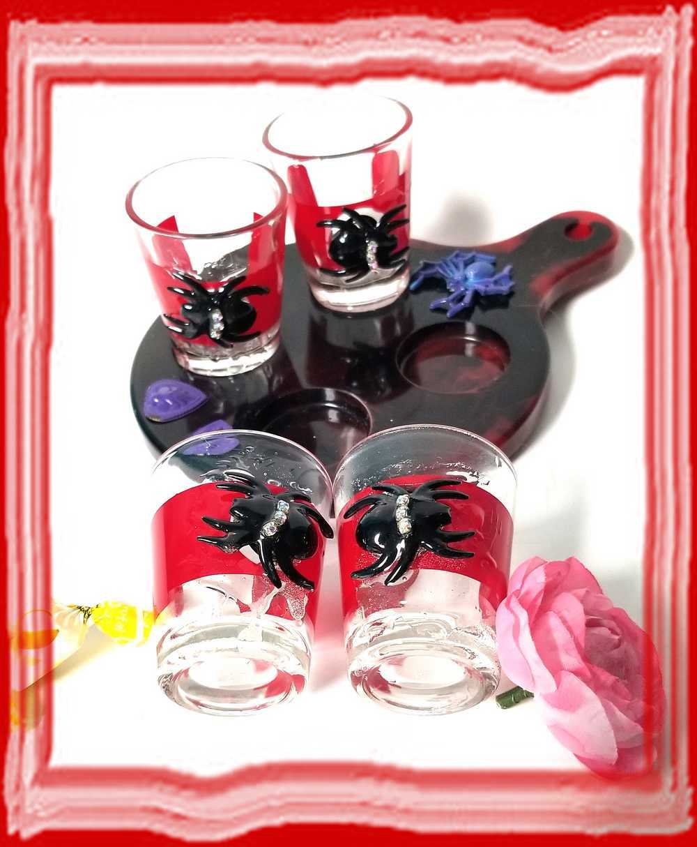 4 Shot Glasses in Red with Black Spiders with Rhinestones