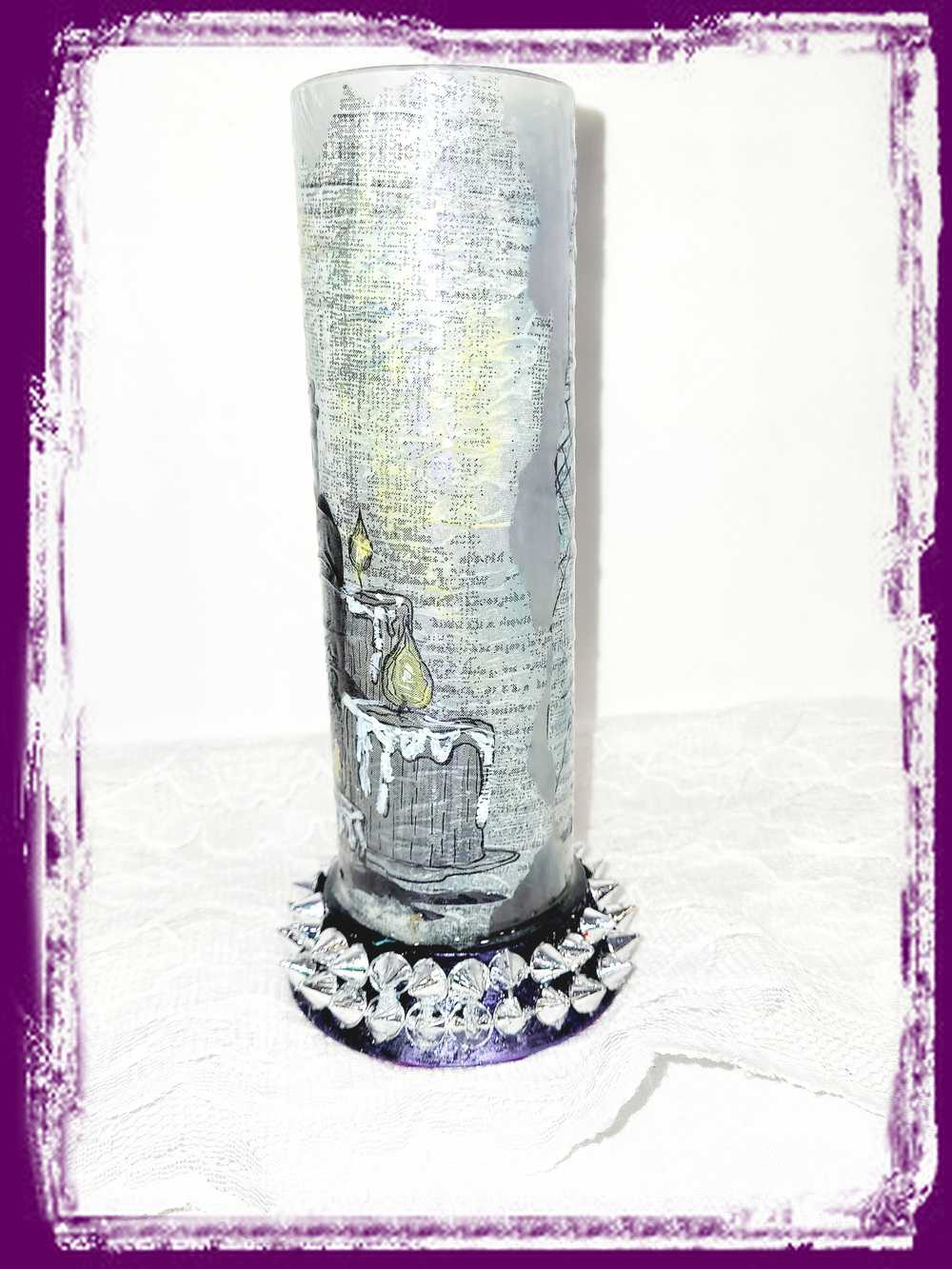 Glass Vase with Decoupage Crow, Potion Bottles, Candles, Cobwebs and Silver Studs, Gothic, Punk, Witch