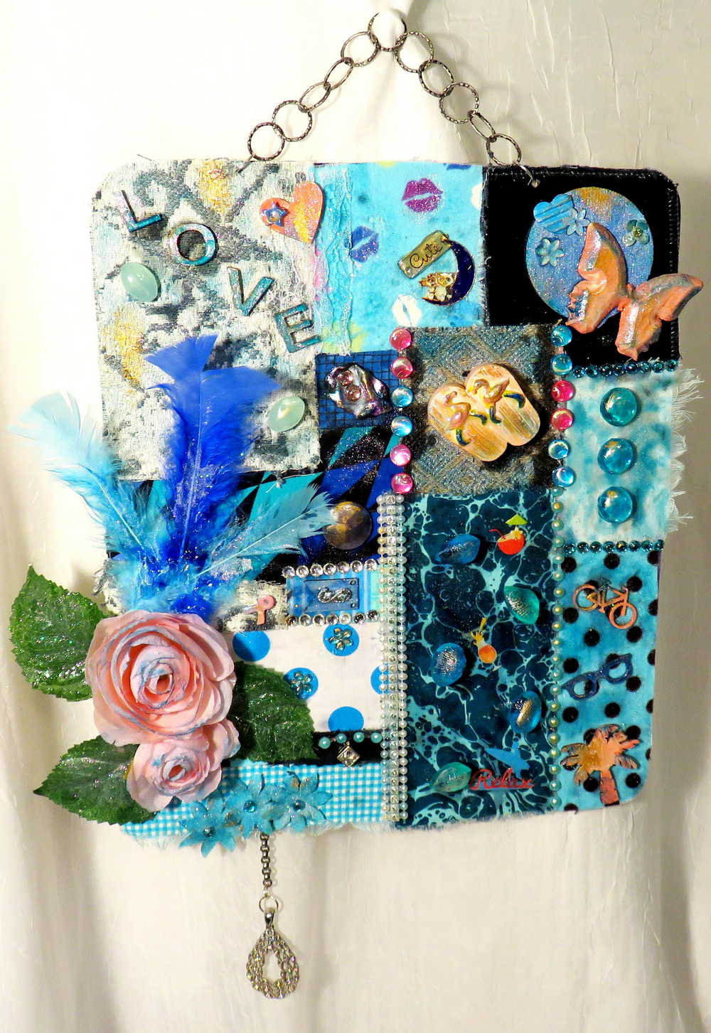"SWEET TREAT" Wall Collage Hanger using Fabrics in Soft Blues and Teals, Wall Art