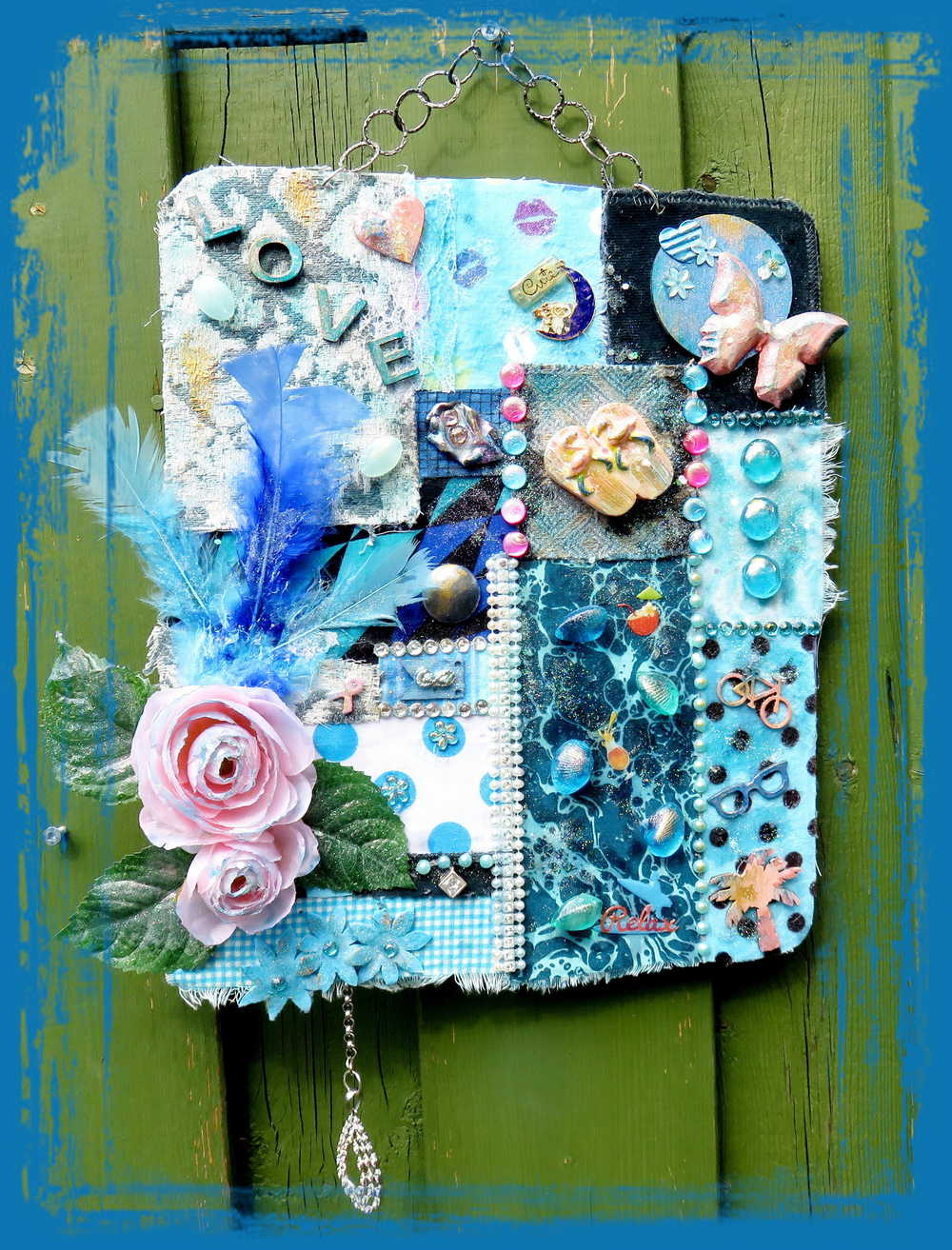 "SWEET TREAT" Wall Collage Hanger using Fabrics in Soft Blues and Teals, Wall Art