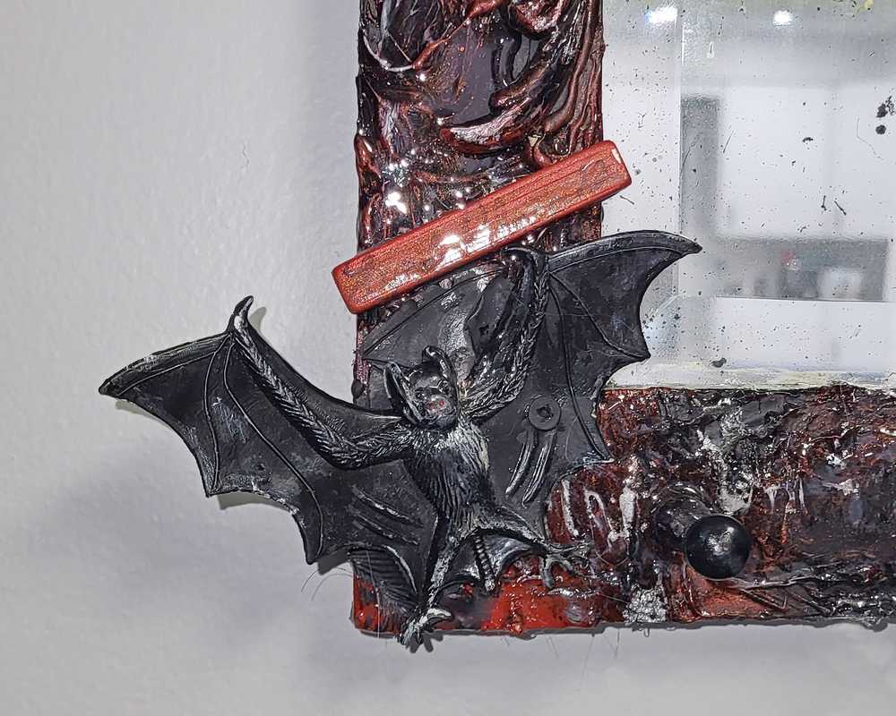 Large Antique Refurbished Skull Mirror in Red and Black with Bats & Spiders