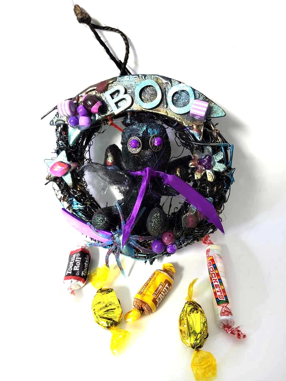 Black Mini Wreath with Black Snowman, Purple Spider, Beads & "BOO" Sign