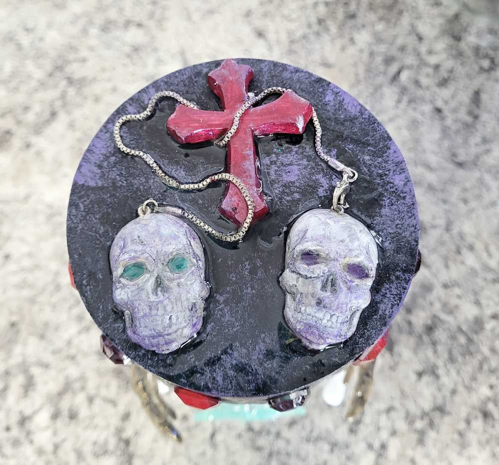 1 litre Mason Jar Filled with Hard Candy. With a Wooden Lid with Resin Skulls & a Cross