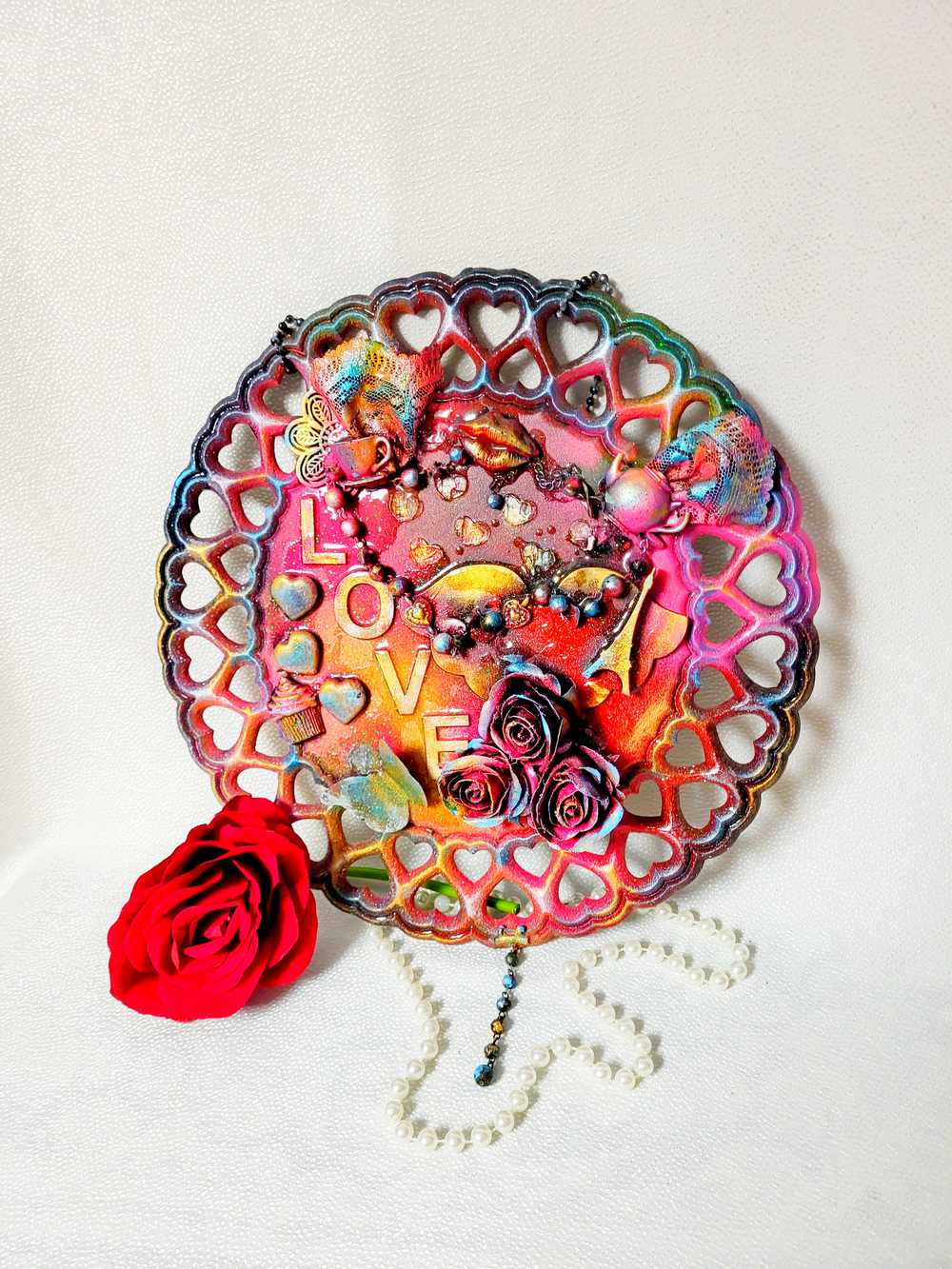 "Love Paris" Wall Decor, Hearts Cut Out Of Round Board With Roses, Eiffel Tower, Cupcakes & Hearts