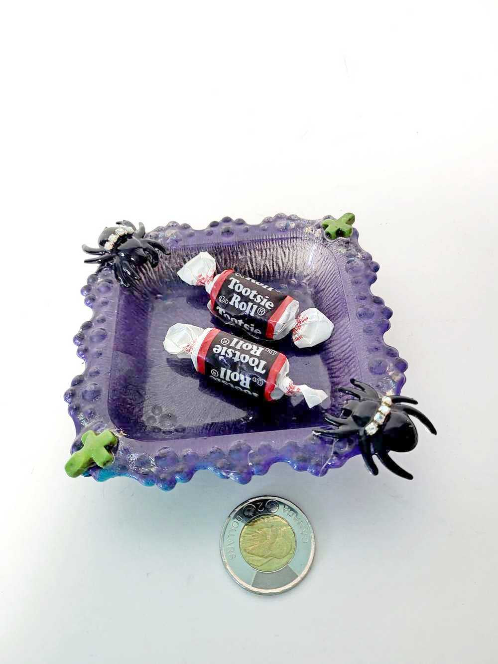 Creepy, Adorable Purple Candle Holder or Candy Dish with Rhinestone Studded Black Spiders and Green Crosses