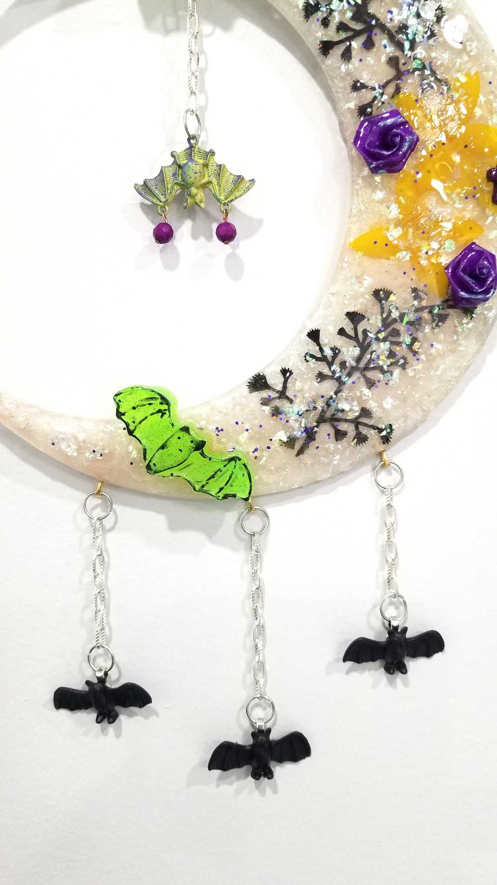Resin Quarter Moon Bats, Spiders and Flowers