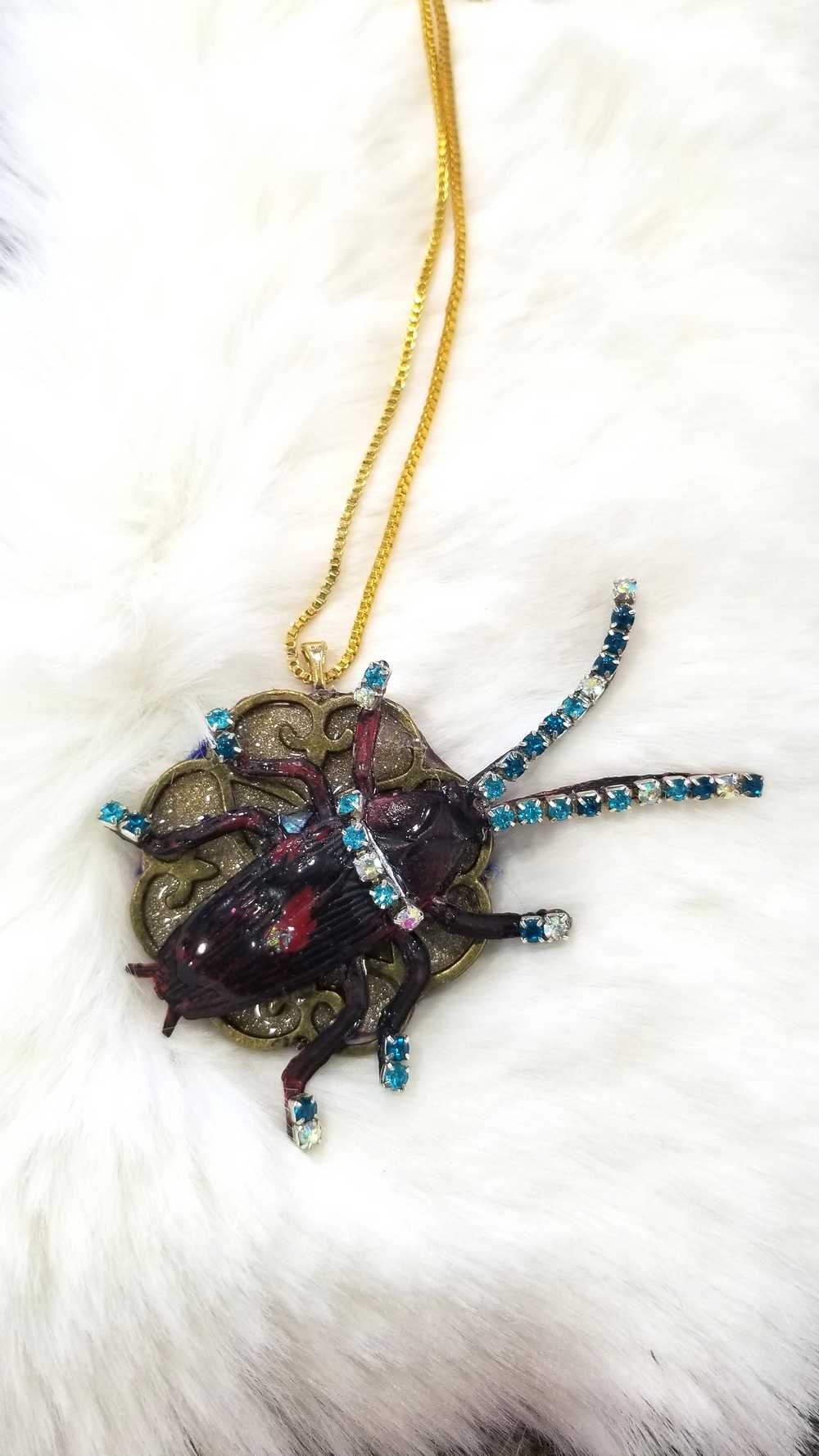 Beetle Bug Necklace for Halloween or Everyday Wear, Teal & Clear Rhinestones