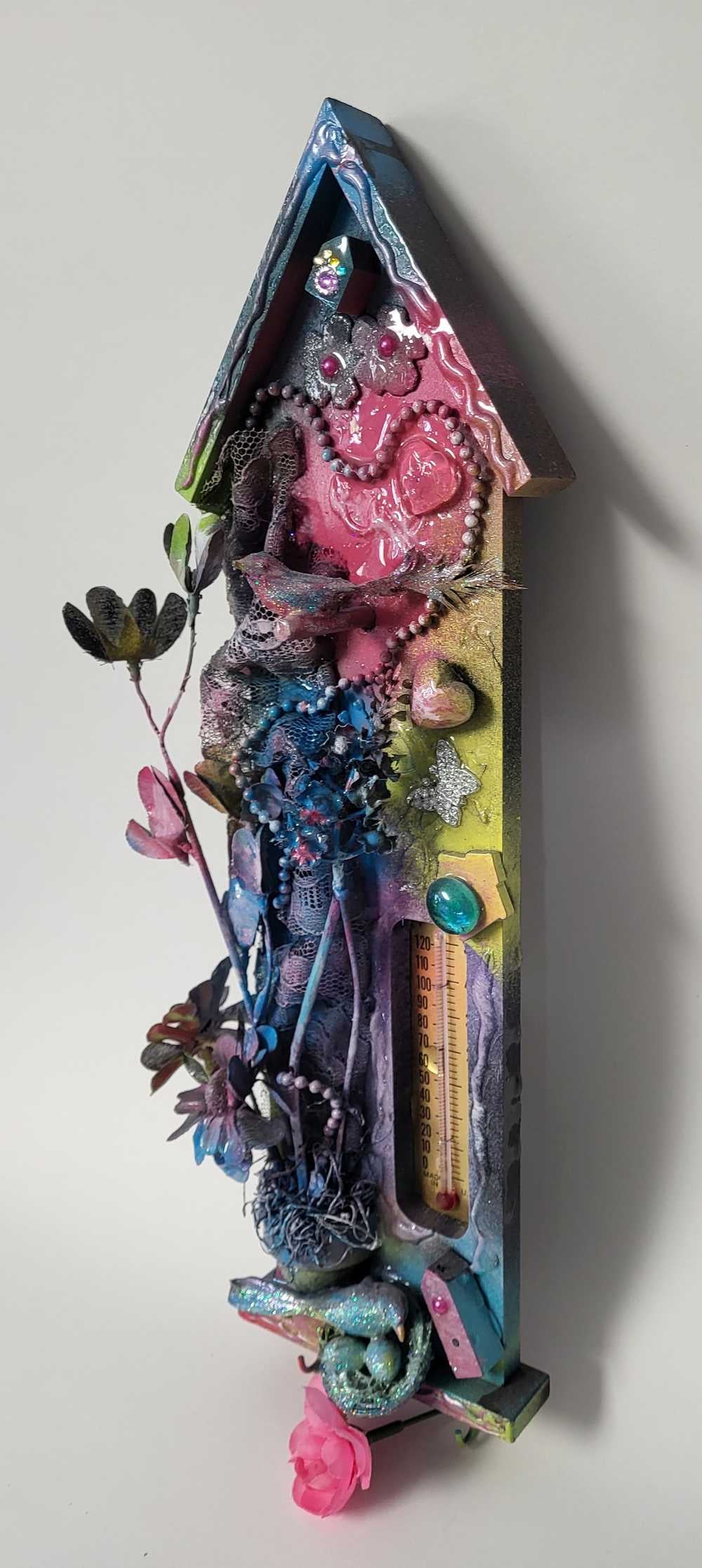 Colorful Wall Birdhouse Hanger with Thermometer