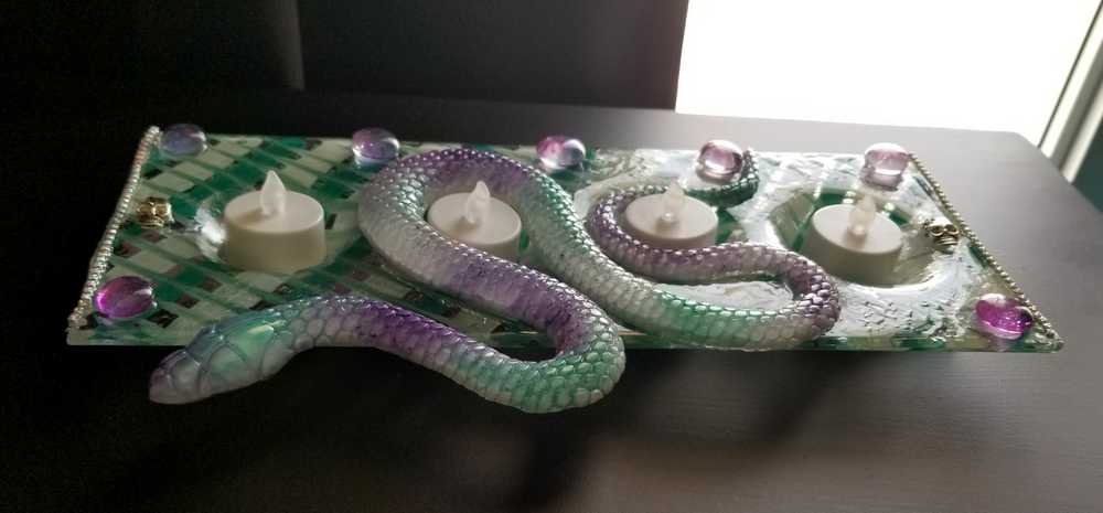 Teal & Purple Glass 4 Candle Holder with Resin Snake, Candy Dish