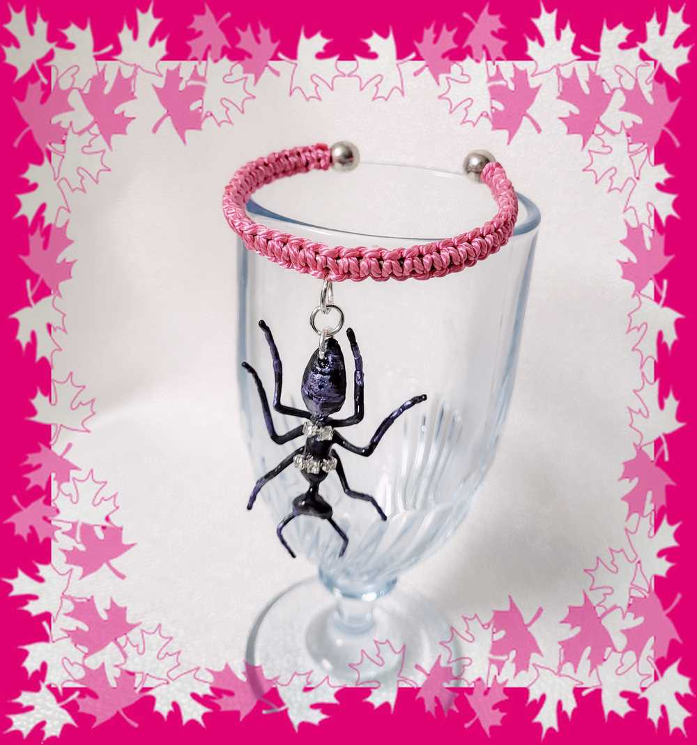 Eerie, Creepy Braided Pink Adjustable Bracelet with an Enormous Black Ant with Hint of Purplle Accents and Clear Rhinestones Across its Back