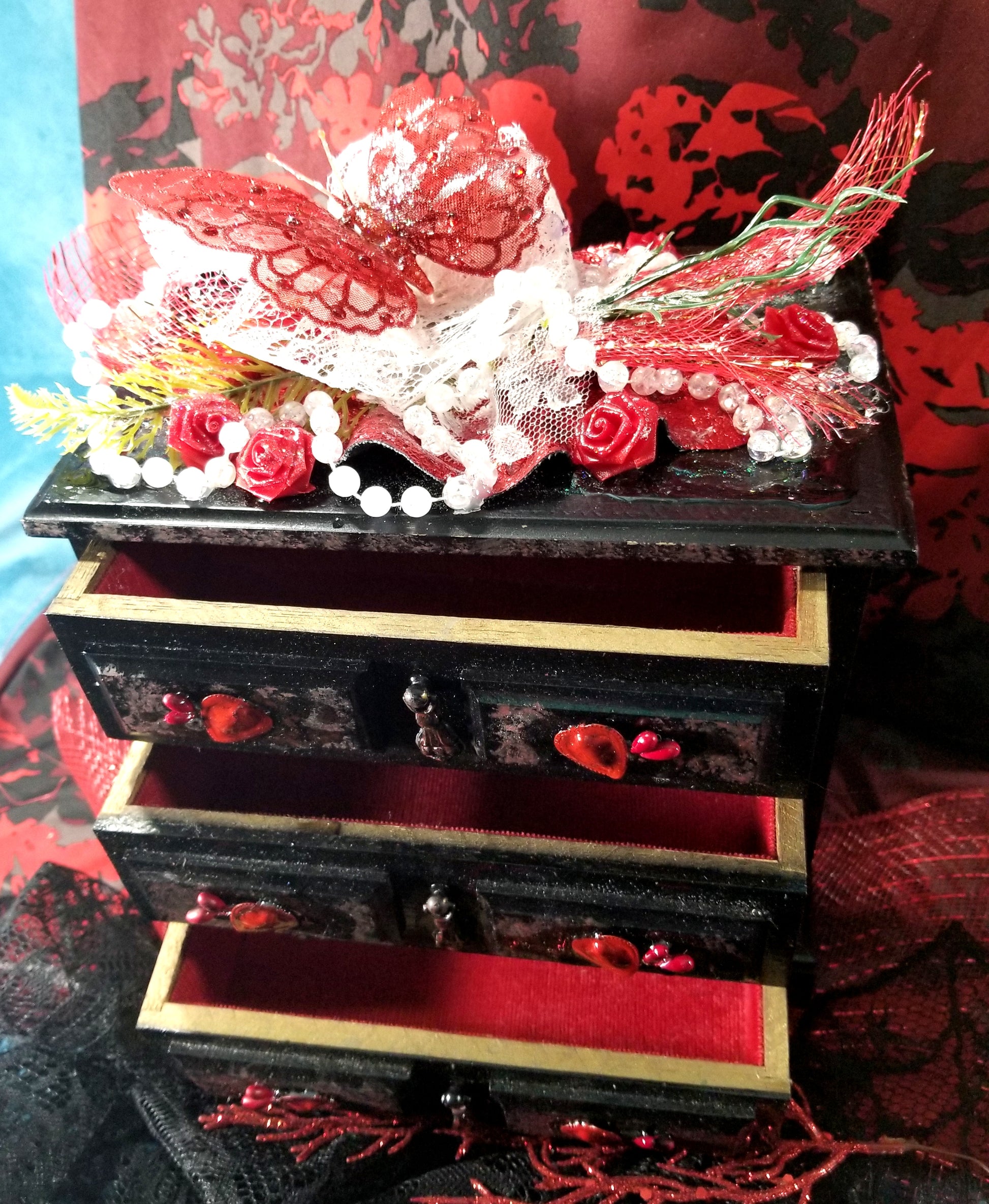 Black & Red 3 Drawer Ladies Jewlery Box with a Red Butterfly, Red & White Lace with Hearts on the Handles