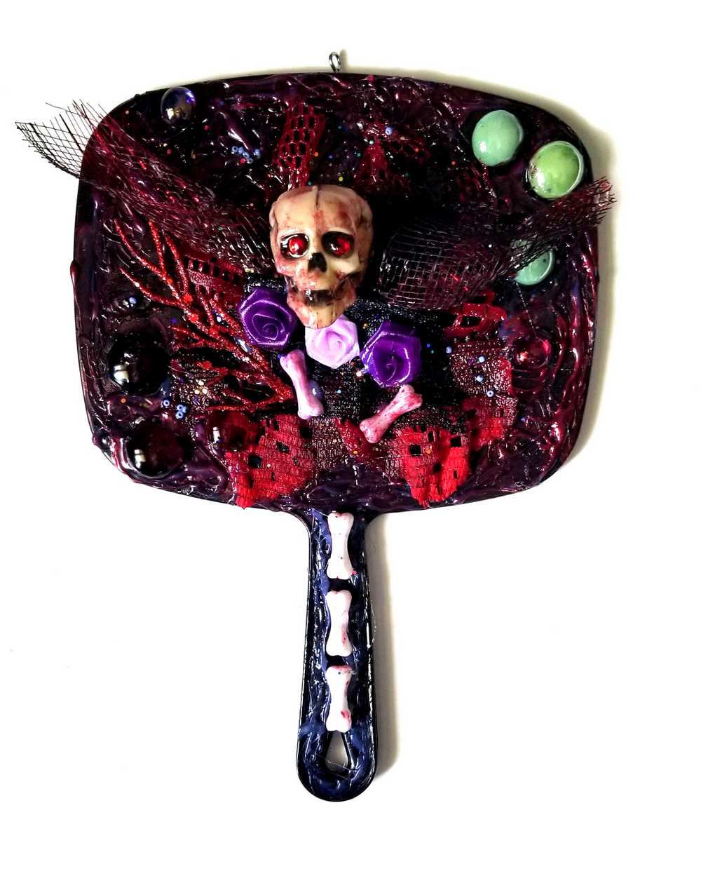 Black Hand Mirror, with Skull, Bones, Black & Red Lace, Goth Art