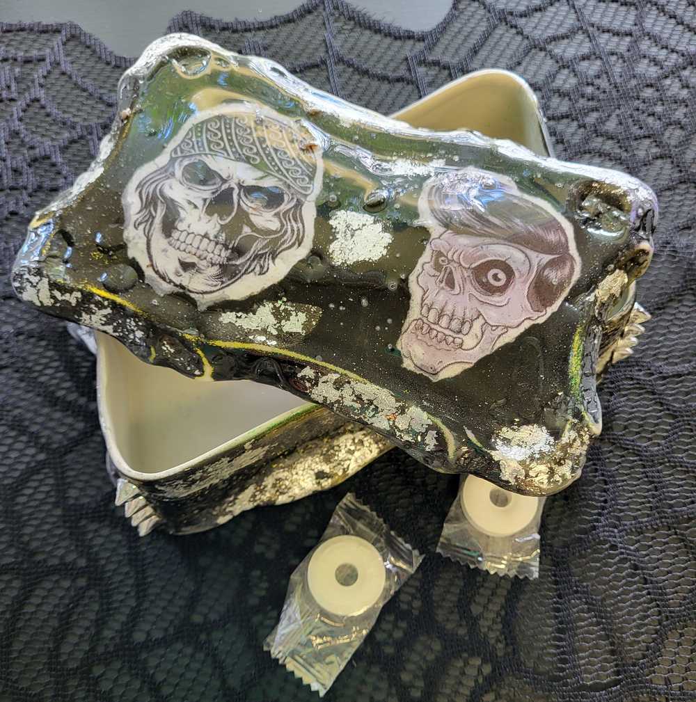 Black Painted Porcelain Trinket/Stash, Jewelry Box with Skull Faces and Silver Studded Domes