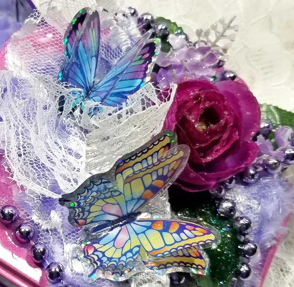 Tin Box Repurposed into a Jewelry Box, Two Butterflies and Deep Purple Rose on Lace