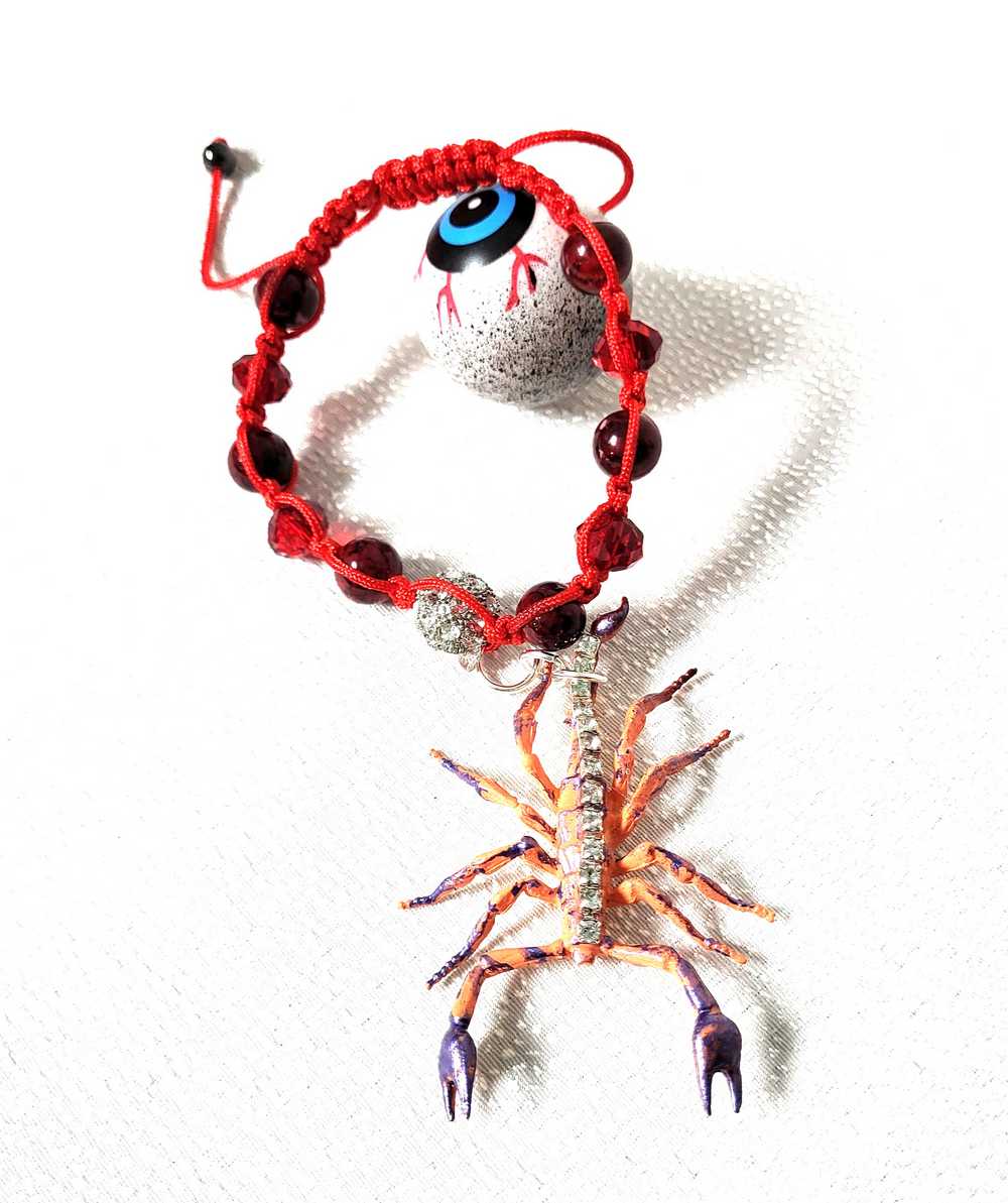 Orange Rhinestone Encrusted Scorpion Braided Bracelet for Halloween, Punk, Goth or Everyday.