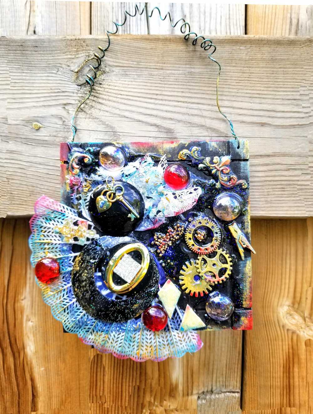 Black Gothic Wall Plaque with Gears, Buttons, Lace, Keys and Recycled Jewelry, Curly Wire for Hanging