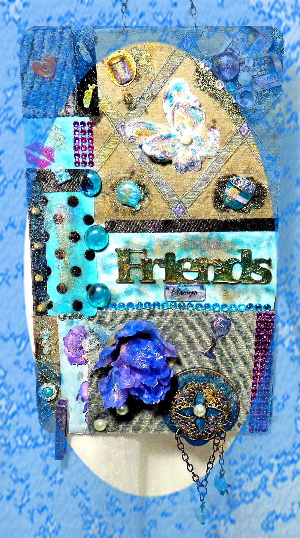 "Friend's" Wall Hanging Collage Using Fabrics In Blues, Purples and Teals, and Holds your "BEST FRIENDS" Photo