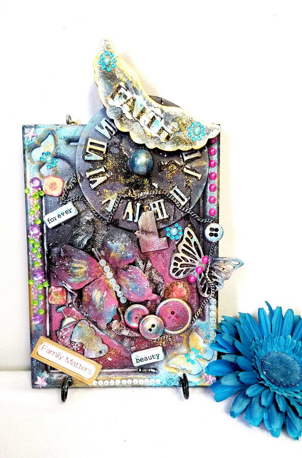 "Faith" Wood Wall Decor With Clock Face, Angel Wings & Butterflies, with Key Hooks