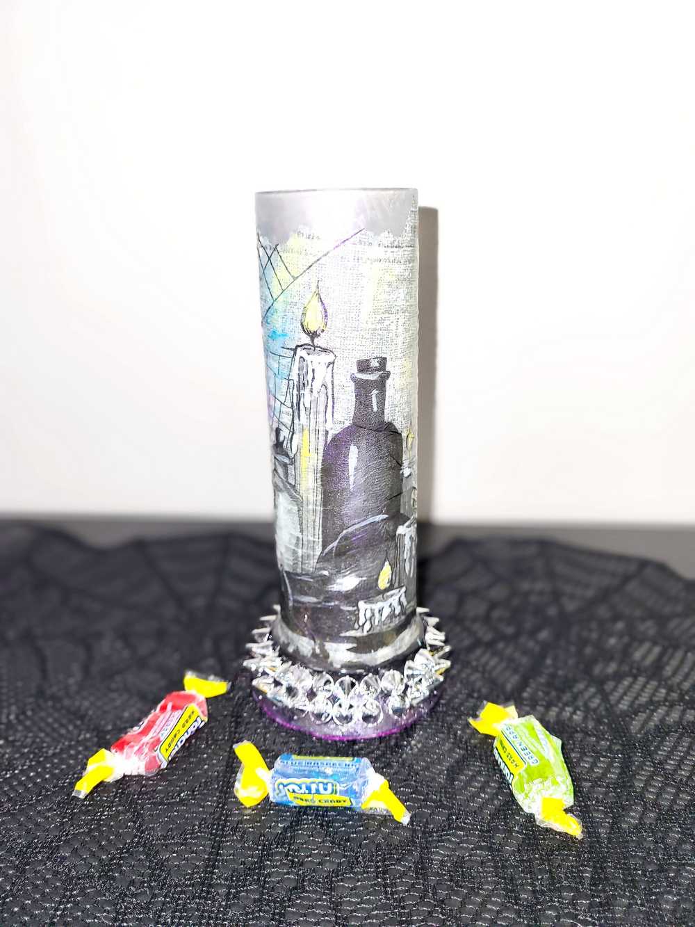 Glass Vase with Decoupage Crow, Potion Bottles, Candles, Cobwebs and Silver Studs, Gothic, Punk, Witch