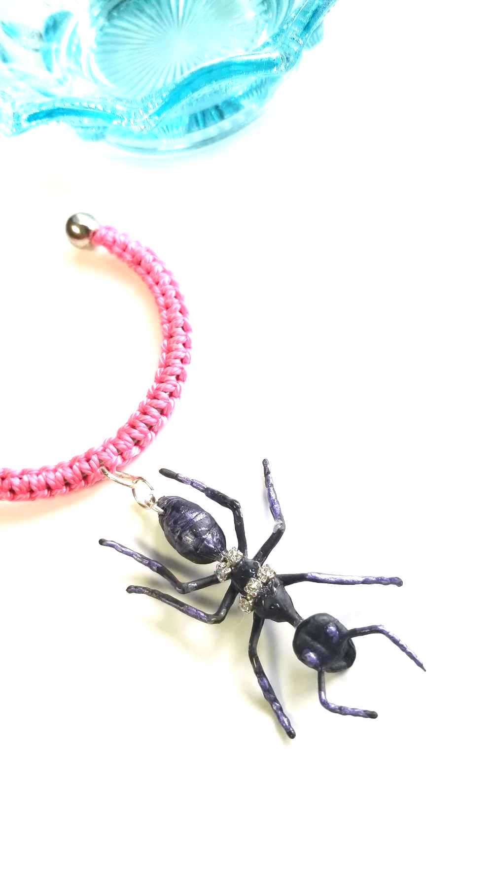 Eerie, Creepy Braided Pink Adjustable Bracelet with an Enormous Black Ant with Hint of Purplle Accents and Clear Rhinestones Across its Back
