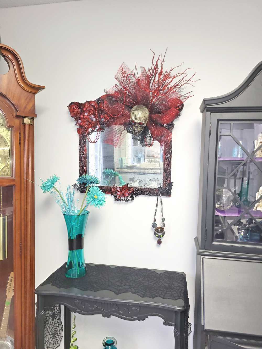 Large Antique Refurbished Skull Mirror in Red and Black with Bats & Spiders