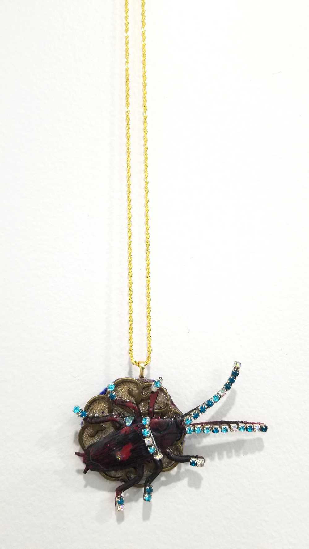 Beetle Bug Necklace for Halloween or Everyday Wear, Teal & Clear Rhinestones