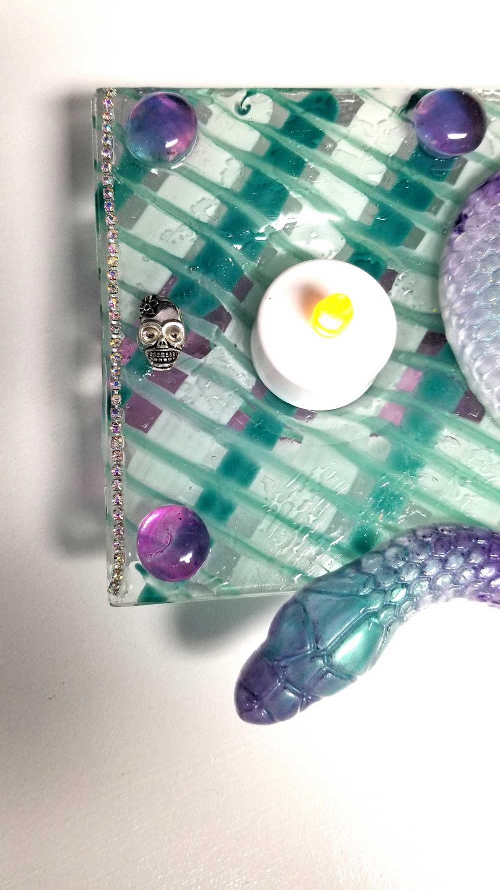 Teal & Purple Glass 4 Candle Holder with Resin Snake, Candy Dish