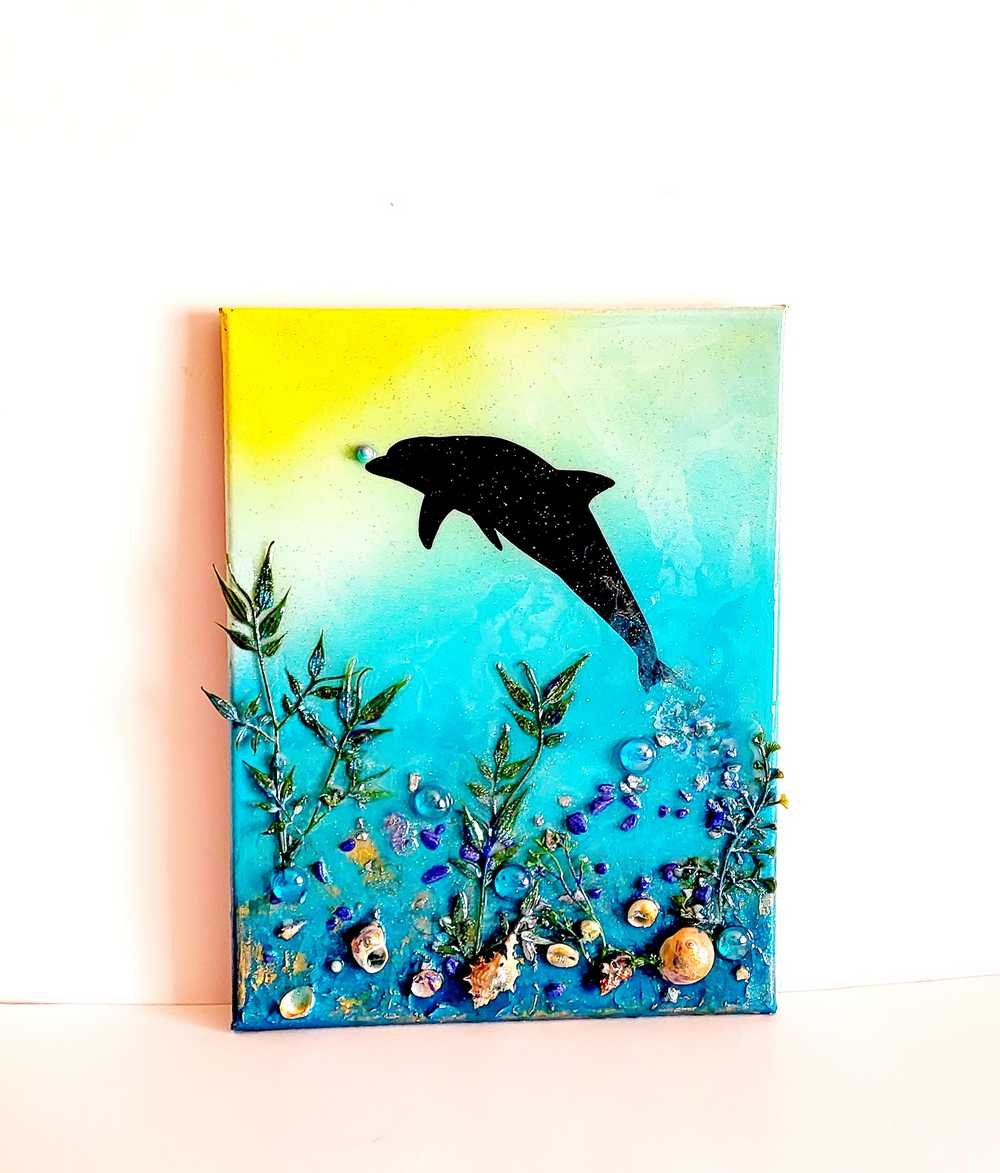 3D Canvas Resin Art with a Silhouette of a Dolphin, Seashells, Rocks and Foliage, 30 x 40 cm