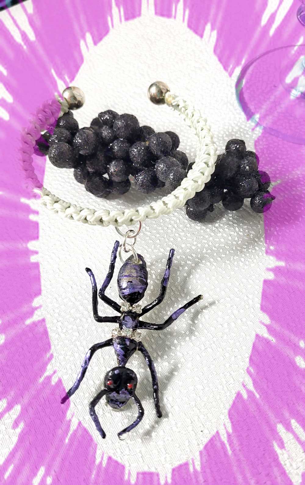 Giant Black Ant Bracelet Encrusted with Rhinestones For Halloween, Punk, Goth, White Braided Open Bangel