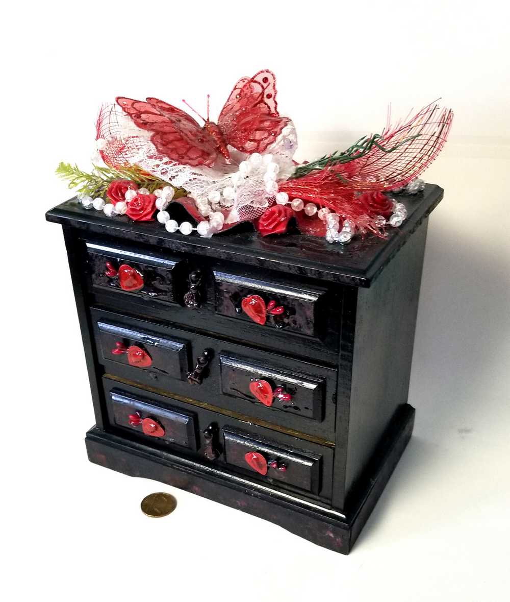 Black & Red 3 Drawer Ladies Jewlery Box with a Red Butterfly, Red & White Lace with Hearts on the Handles