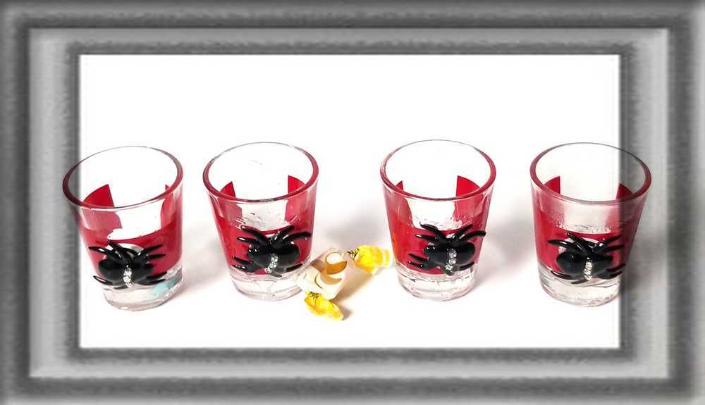4 Shot Glasses in Red with Black Spiders with Rhinestones