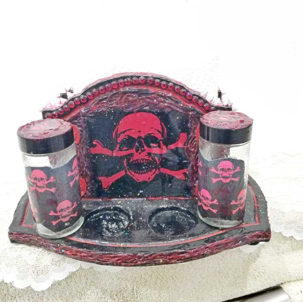 Black & Red Napkin Holder with Salt & Pepper Shakers Decorated with Red Cross & Bones Skull