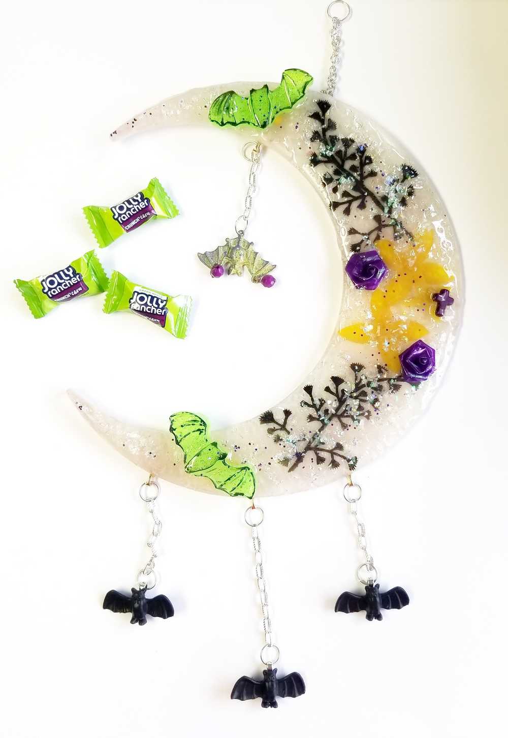 Resin Quarter Moon Bats, Spiders and Flowers