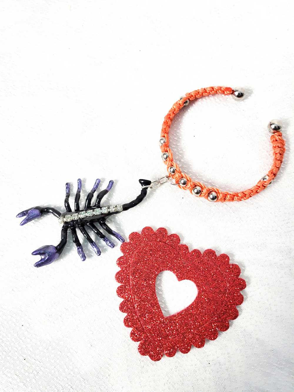 Orange & Black Open Bracelet with Creepy Black Gem Encrusted Clear Rhinestones, For Halloween, Punk or Goth