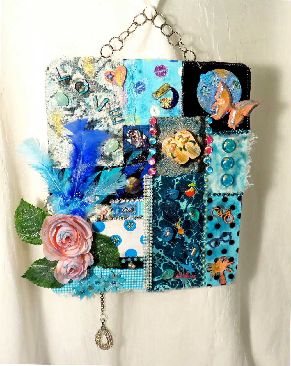 "SWEET TREAT" Wall Collage Hanger using Fabrics in Soft Blues and Teals, Wall Art