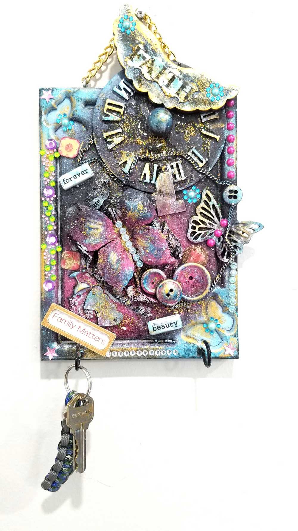 "Faith" Wood Wall Decor With Clock Face, Angel Wings & Butterflies, with Key Hooks