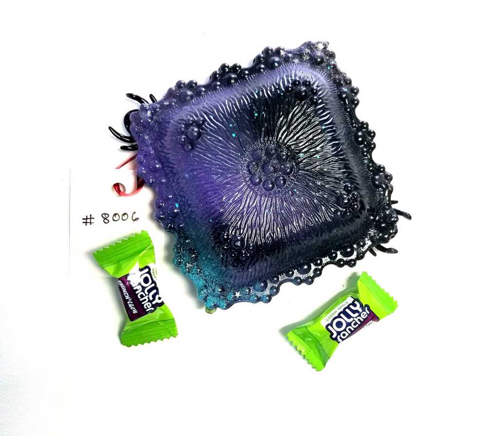 Creepy, Adorable Purple Candle Holder or Candy Dish with Rhinestone Studded Black Spiders and Green Crosses
