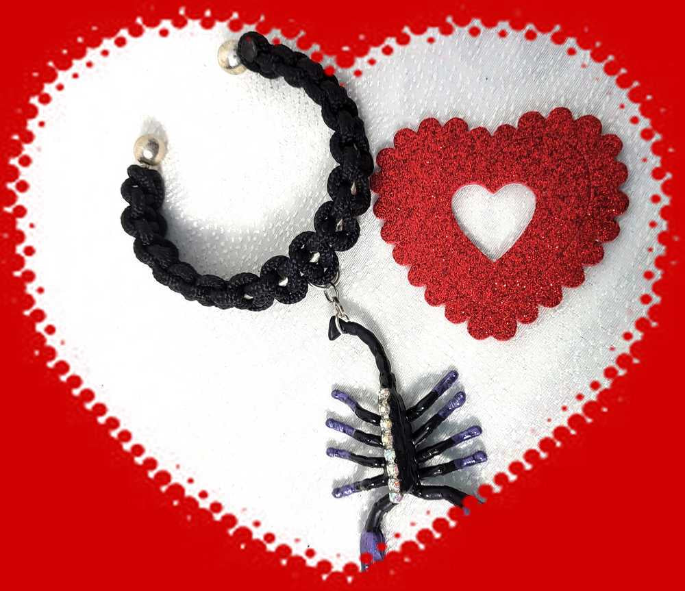 Creepy, Scary, Black Braided Open Bracelet with a Black & Purple Gem Encrusted Scorpion for Halloween or Everyday Wear