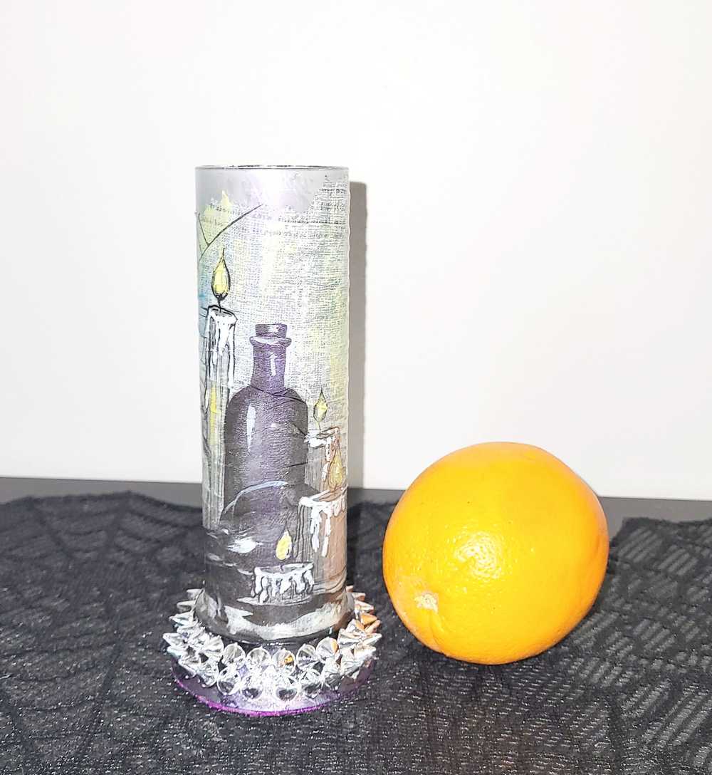 Glass Vase with Decoupage Crow, Potion Bottles, Candles, Cobwebs and Silver Studs, Gothic, Punk, Witch