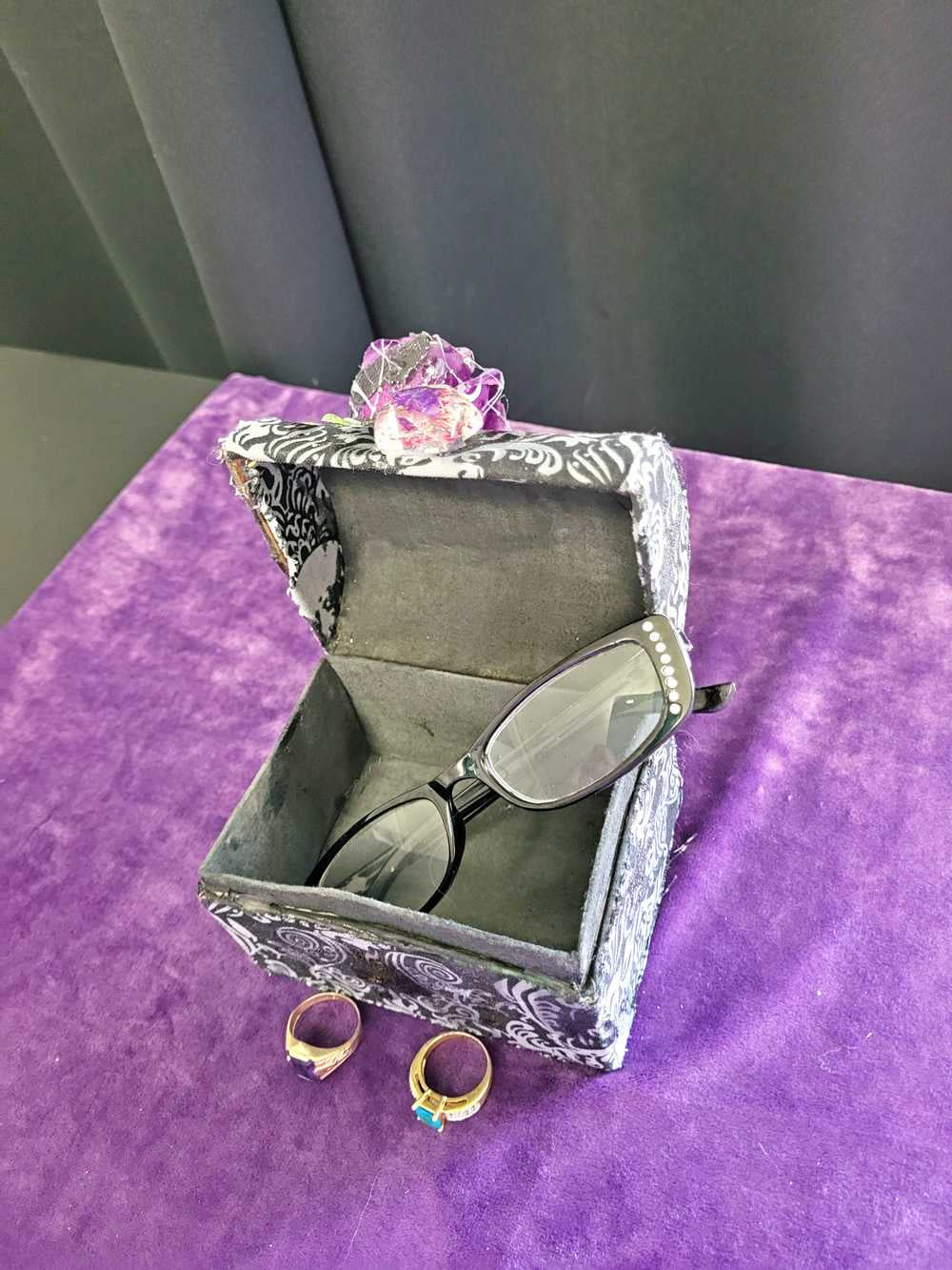 Hump Back Jewelry, Stash, Trinket Box, Covered with Black Skull Fabric, a Purple Rose, Blue Glass Cabochons, Spider,