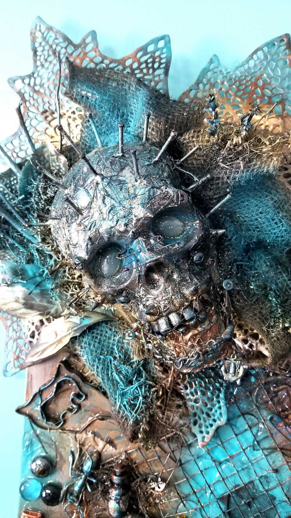 Creepy Skull Clock on 16 x 20 inch Canvas, with Chains, Nuts, Bolts, Teal Blue