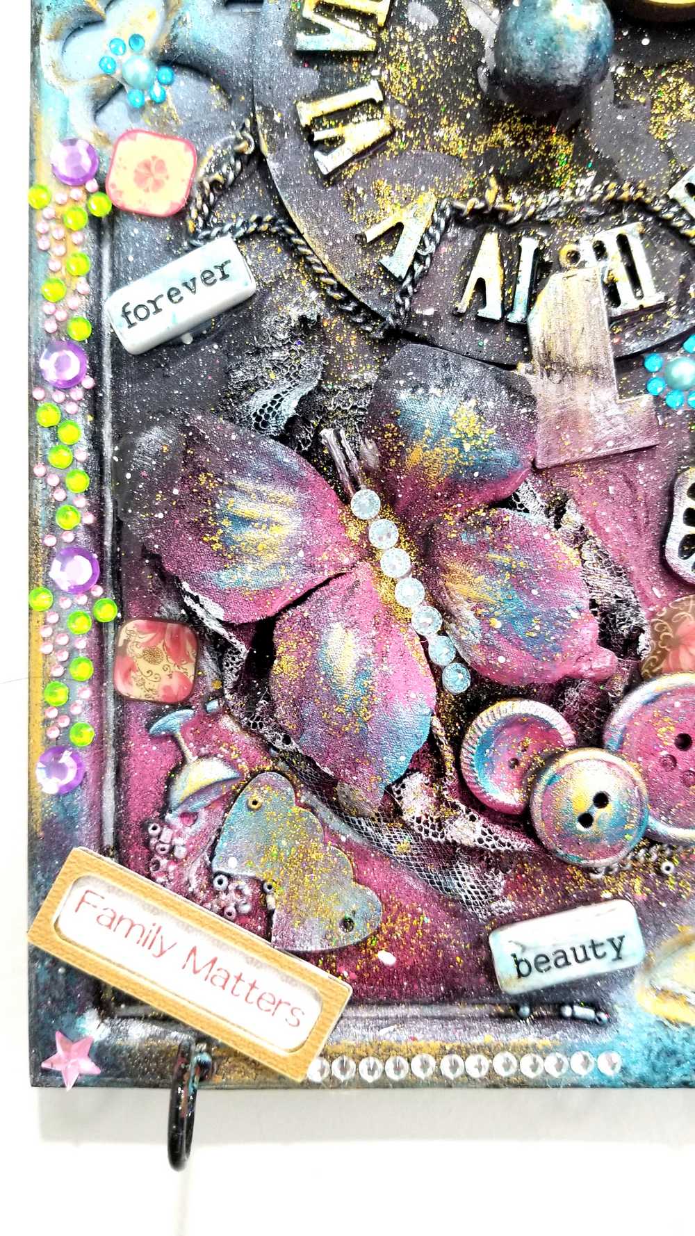 "Faith" Wood Wall Decor With Clock Face, Angel Wings & Butterflies, with Key Hooks