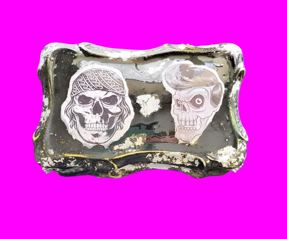 Black Painted Porcelain Trinket/Stash, Jewelry Box with Skull Faces and Silver Studded Domes