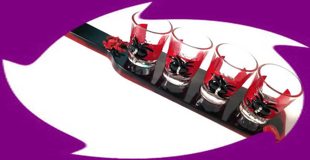 4 Shot Glasses in Red with Black Spiders with Rhinestones