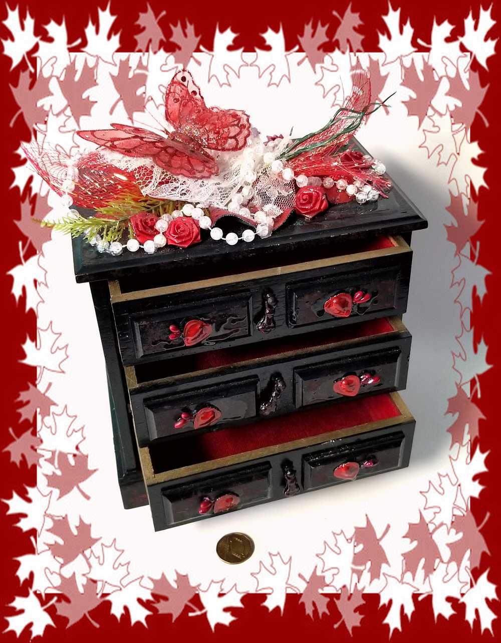 Black & Red 3 Drawer Ladies Jewlery Box with a Red Butterfly, Red & White Lace with Hearts on the Handles