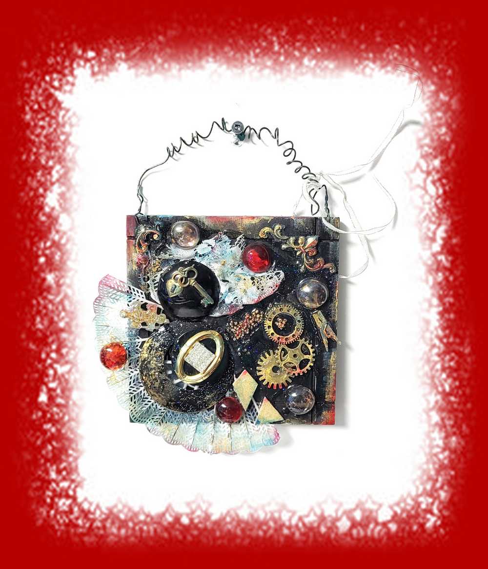 Black Gothic Wall Plaque with Gears, Buttons, Lace, Keys and Recycled Jewelry, Curly Wire for Hanging