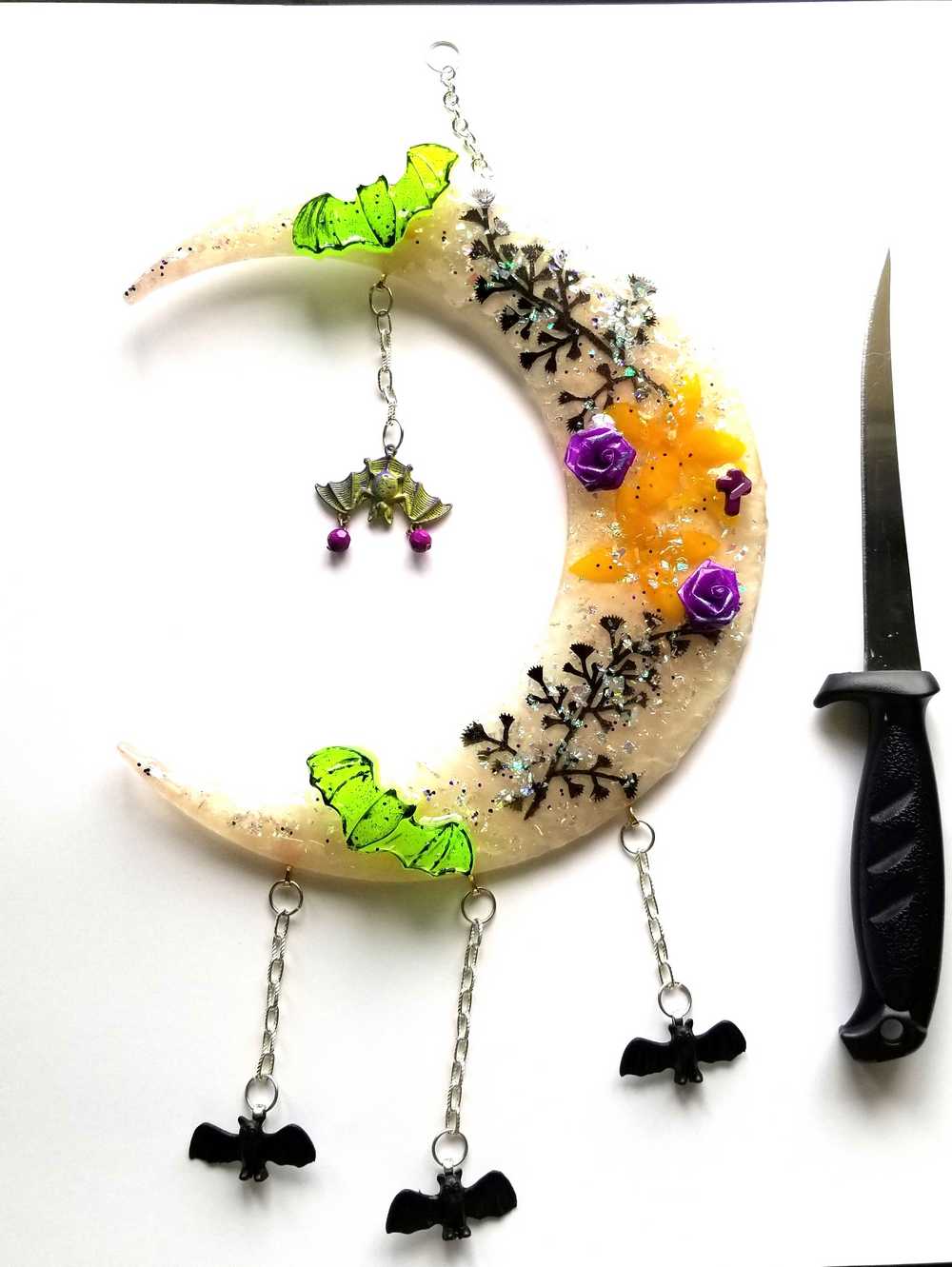 Resin Quarter Moon Bats, Spiders and Flowers