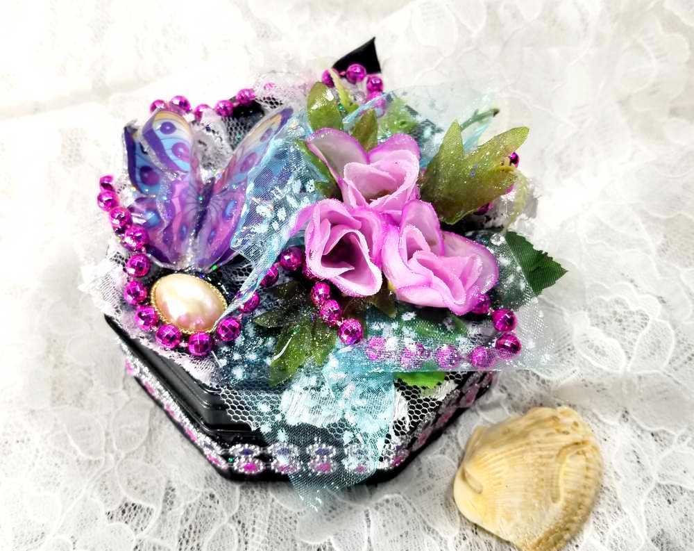 Black Tin Octagon Jewelry, Trinket, Stash Box with Snake Print, Roses and A Butterfly