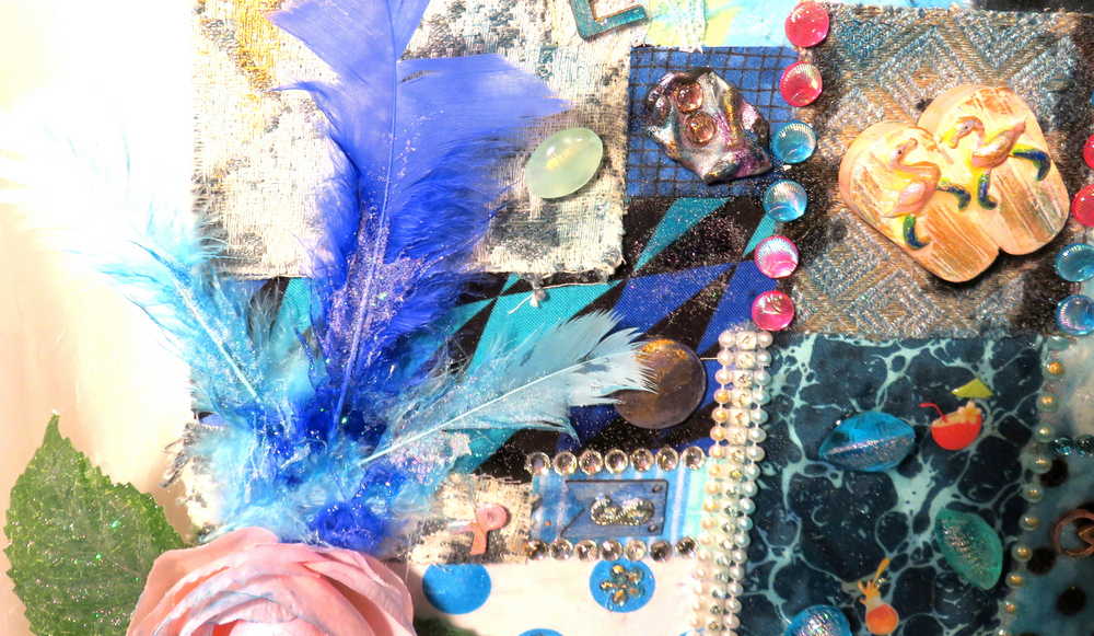"SWEET TREAT" Wall Collage Hanger using Fabrics in Soft Blues and Teals, Wall Art